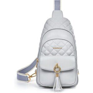 New Grey PU Leather Sling Bag, Quilted Crossbody Travel Bag with Tassel